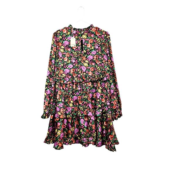 NWT Jodifl Tiered Balloon Sleeve Floral Dress Ruffle High Neck Sz Large Colorful - Picture 2 of 10